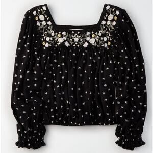 American Eagle Black Floral Embroidered Square Neck Blouse Top Women's size XS